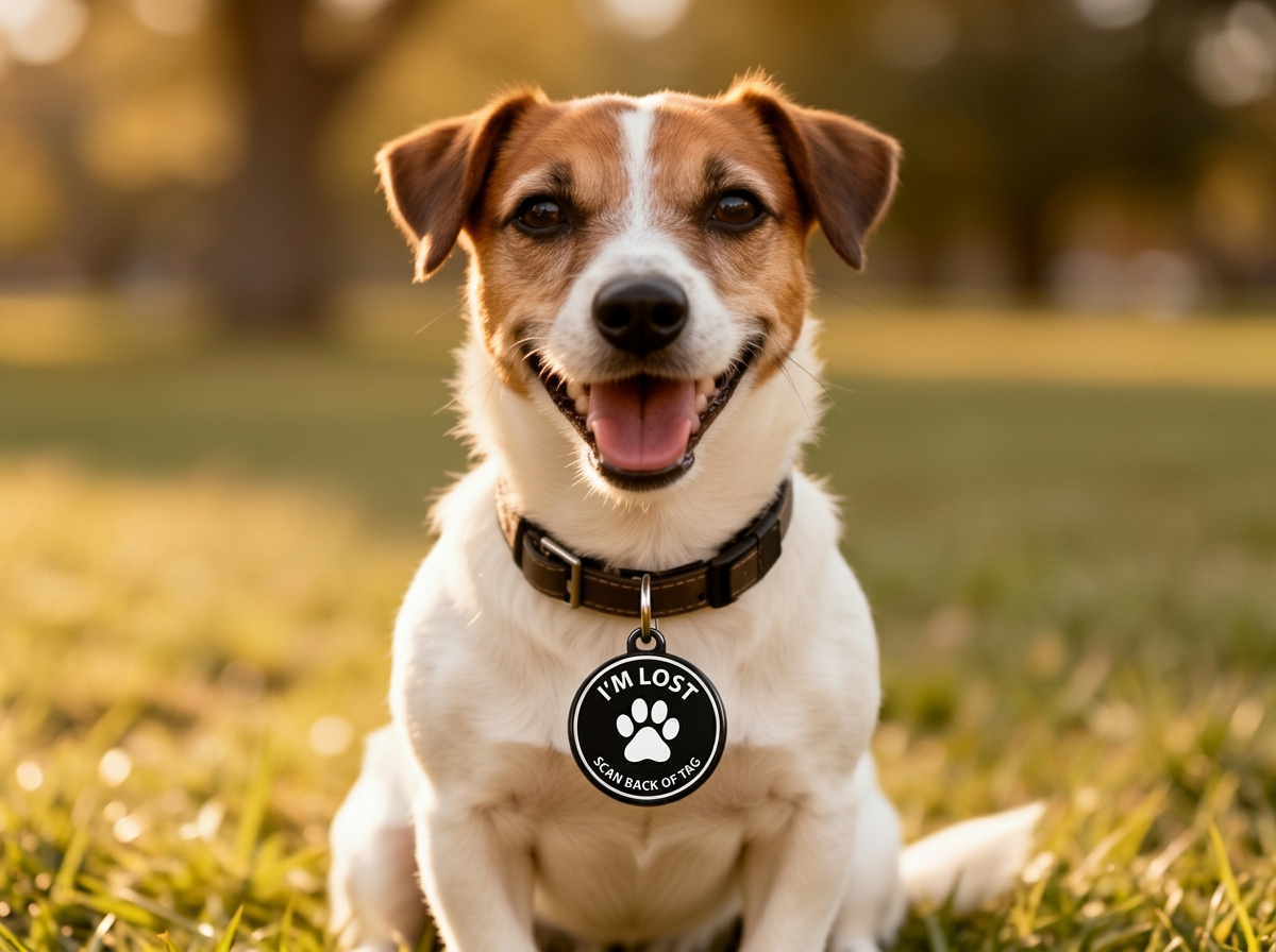 Luna the Jack Russell wearing her PawSafe QR tag